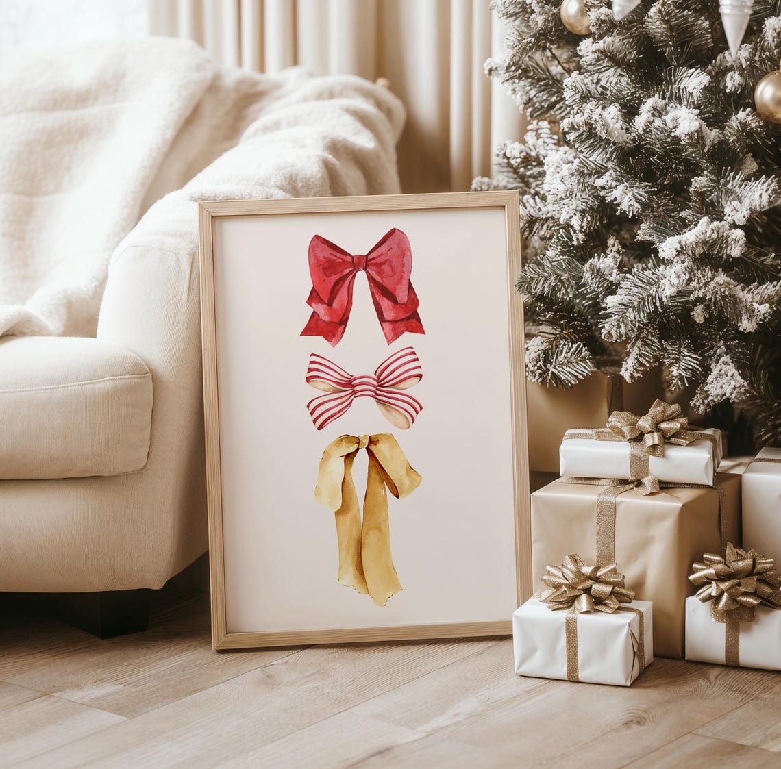Christmas Bows Watercolor Trio Red Gold Holiday Ribbon Poster