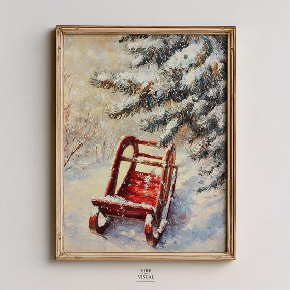 Vintage Red Sled By Snowy Fir Tree Cozy Winter Wall Art Rustic Holiday Scene Aged Color Palette 95