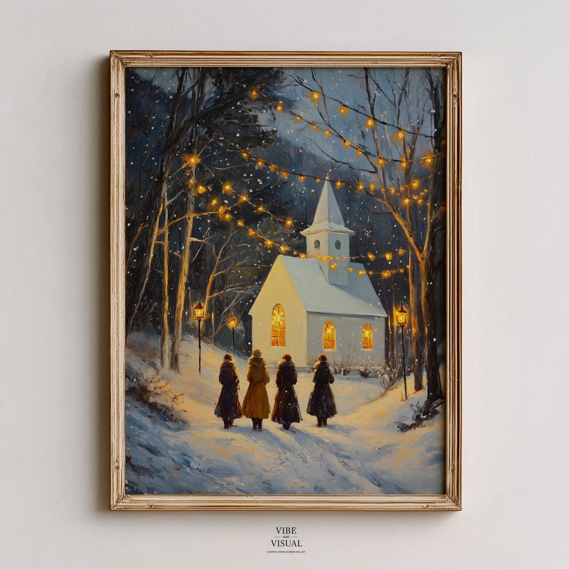 Women Walking to Snowy Church at Night String Lights Winter Poster