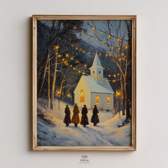 Women Walking to Snowy Church at Night String Lights Winter Poster