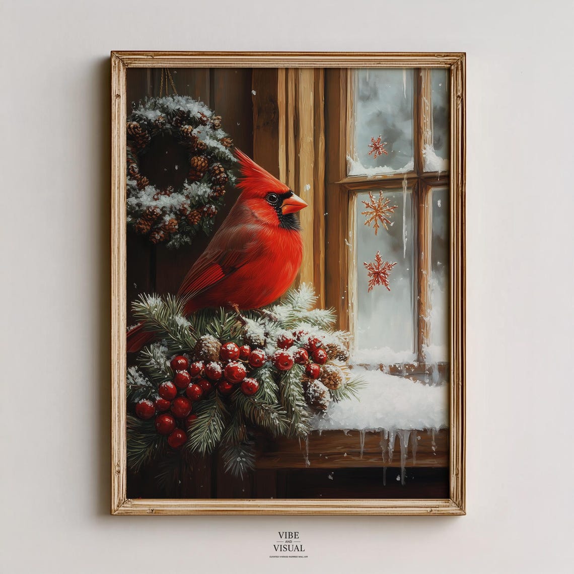 Red Cardinal On Snowy Windowsill Winter Bird Rustic Christmas Poster