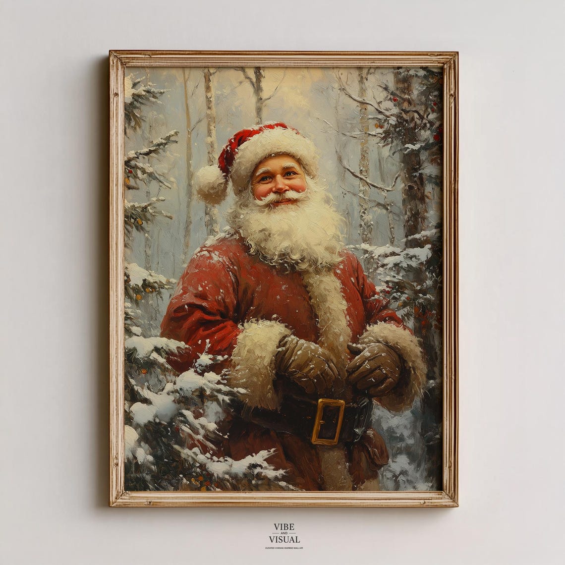 Vintage Santa Claus Portrait Snowy Forest Classic Christmas Wall Art