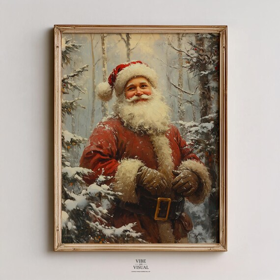 Vintage Santa Claus Portrait Snowy Forest Classic Christmas Wall Art