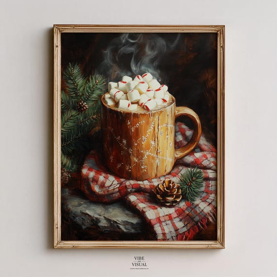 Rustic Hot Chocolate Mug With Marshmallows Cozy Winter Still Life Art Vintage Farmhouse Decor Wall 109