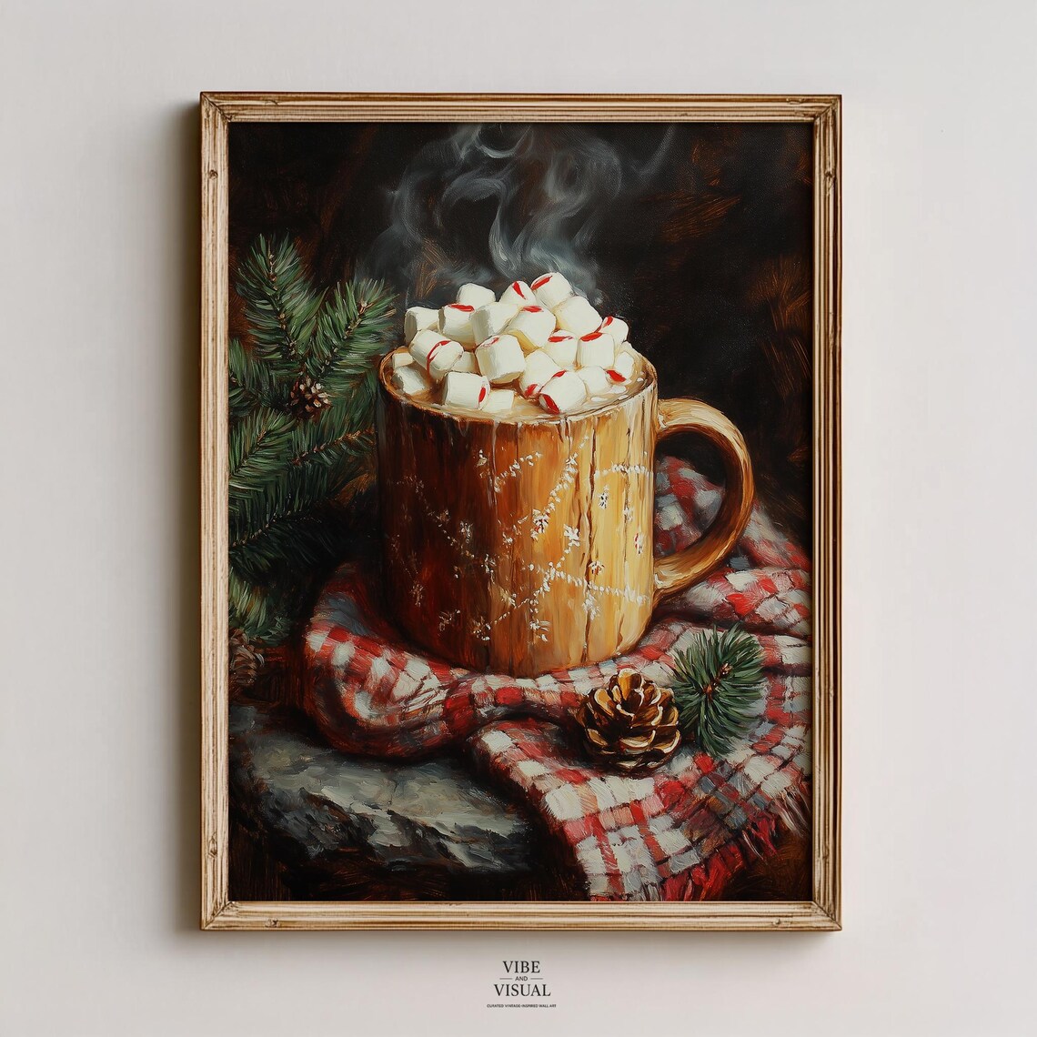 Steaming Wooden Mug Of Cocoa Marshmallows Plaid Cloth Winter Art Poster