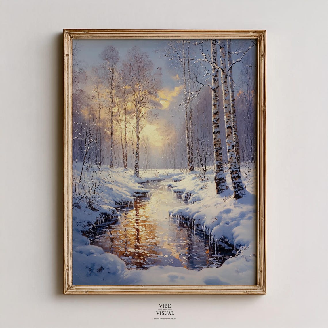 Frozen Winter Stream Through Snowy Birch Forest at Sunset Wall Art