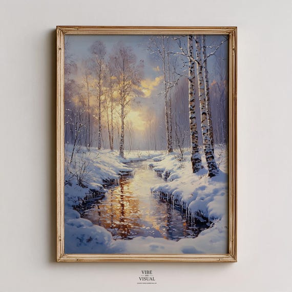 Frozen Stream In Winter Landscape Serene Moody Art Cozy Snowy Scene Vintage Birch Trees Wall Decor 128