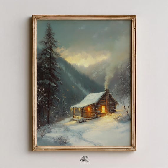 Rustic Winter Cabin In Snowy Clearing Cozy Cabincore Landscape Art Pine Trees And Distant Mountains Wall 10