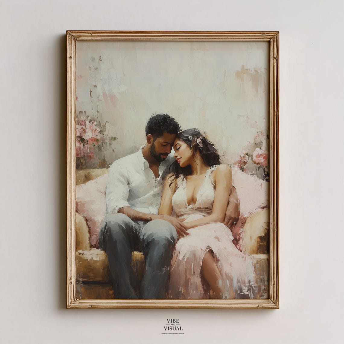 Tender Couple On Sofa Blush Tones Romantic Painting Wall Art