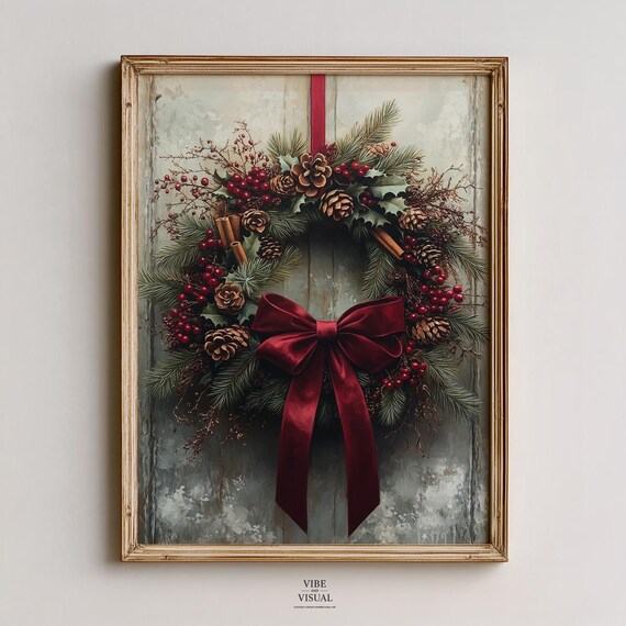 Festive Holiday Wreath With Burgundy Satin Bow Rustic Farmhouse Winter Decor Moody Vintage Evergreen Red Berries Art 2