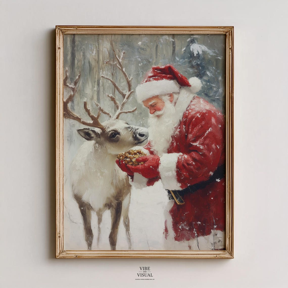 Vintage Santa Claus Feeding Reindeer Snowy Forest Christmas Poster