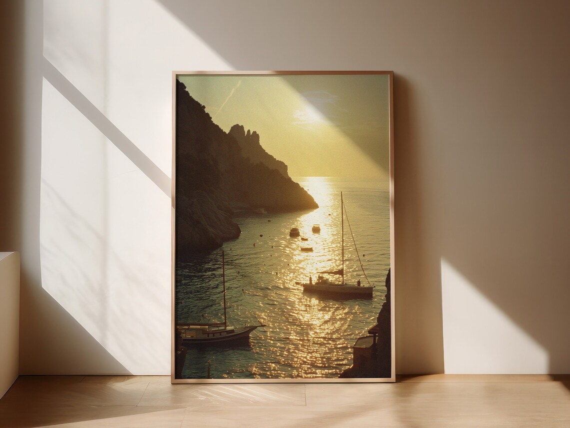 Golden Sunset Coastal Inlet Boats Calm Sea Photography Poster