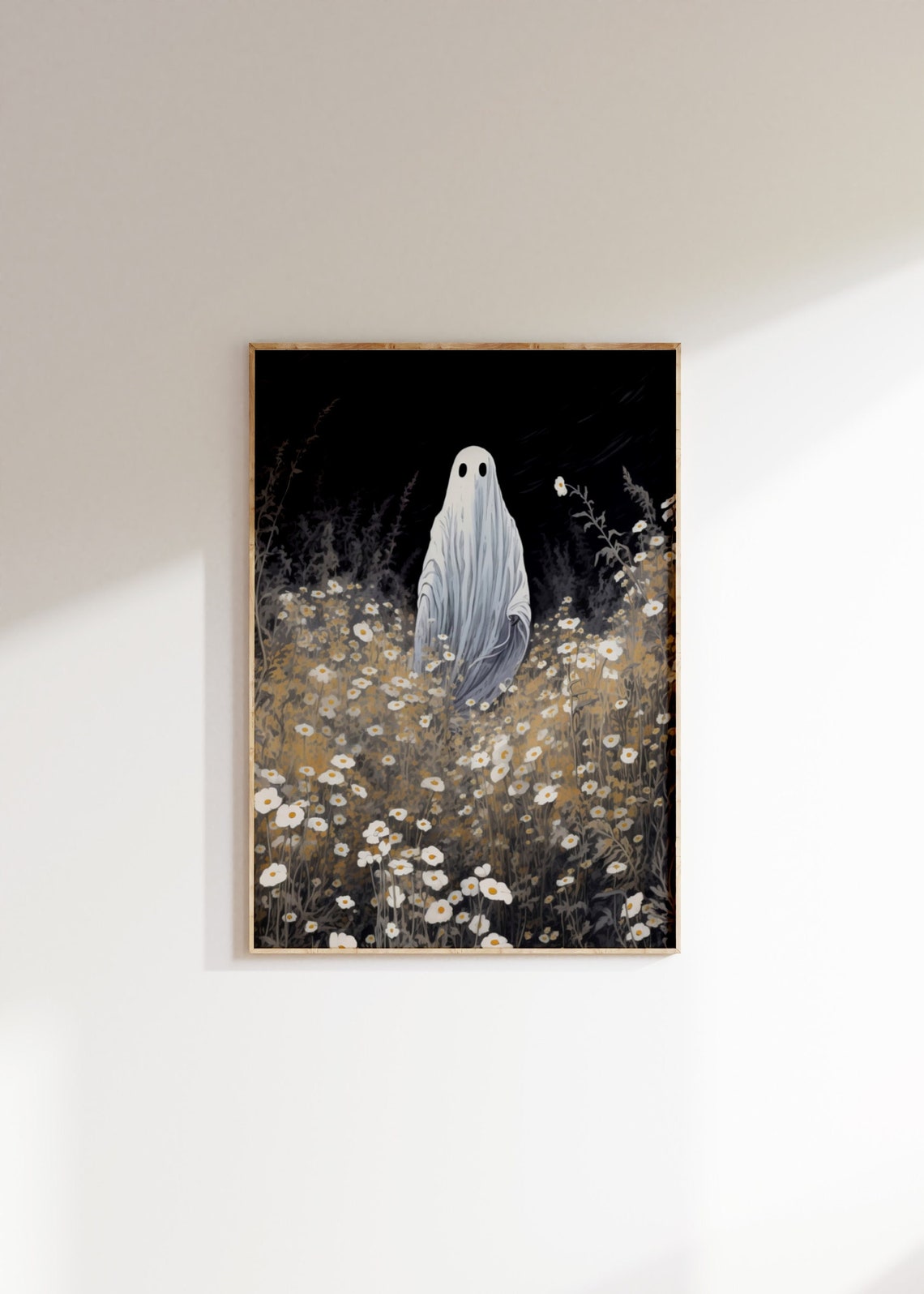Cute Ghost Standing in Daisy Field Dark Halloween Night Poster
