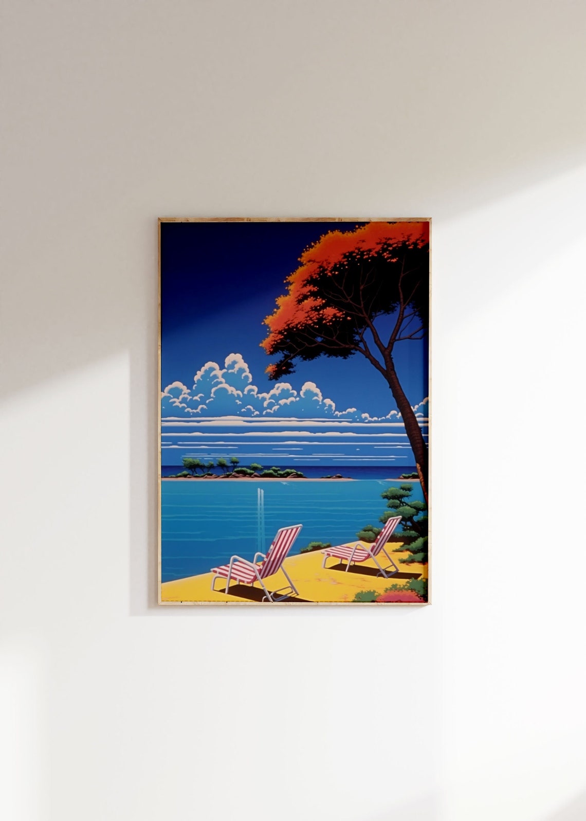 City Pop Beach Deck Chairs Golden Sand Blue Sea Summer Poster