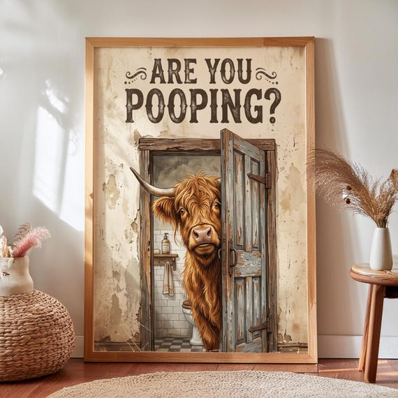 Funny Highland Cow Bathroom Poster Toilet Humor Wall Art Digital Download