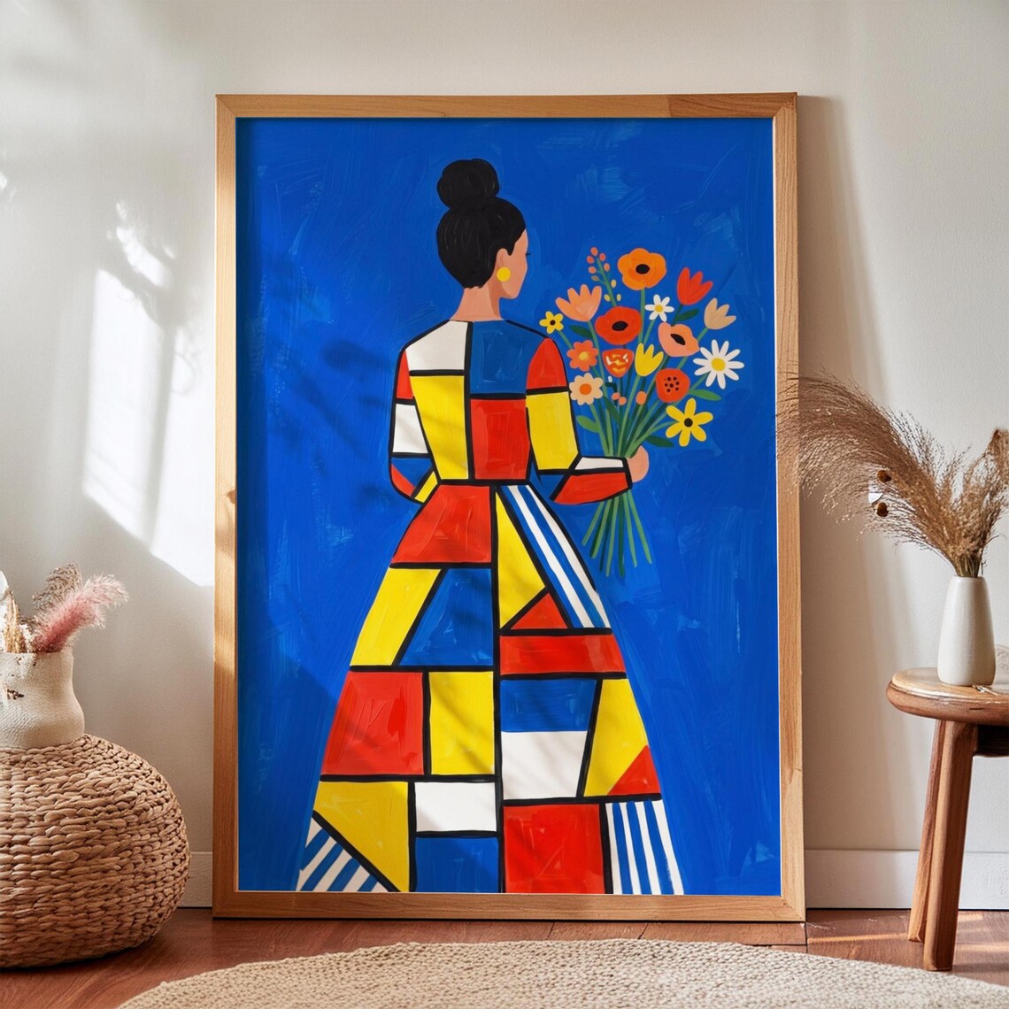 Modern Black Woman Floral Print, Boho Folk Art