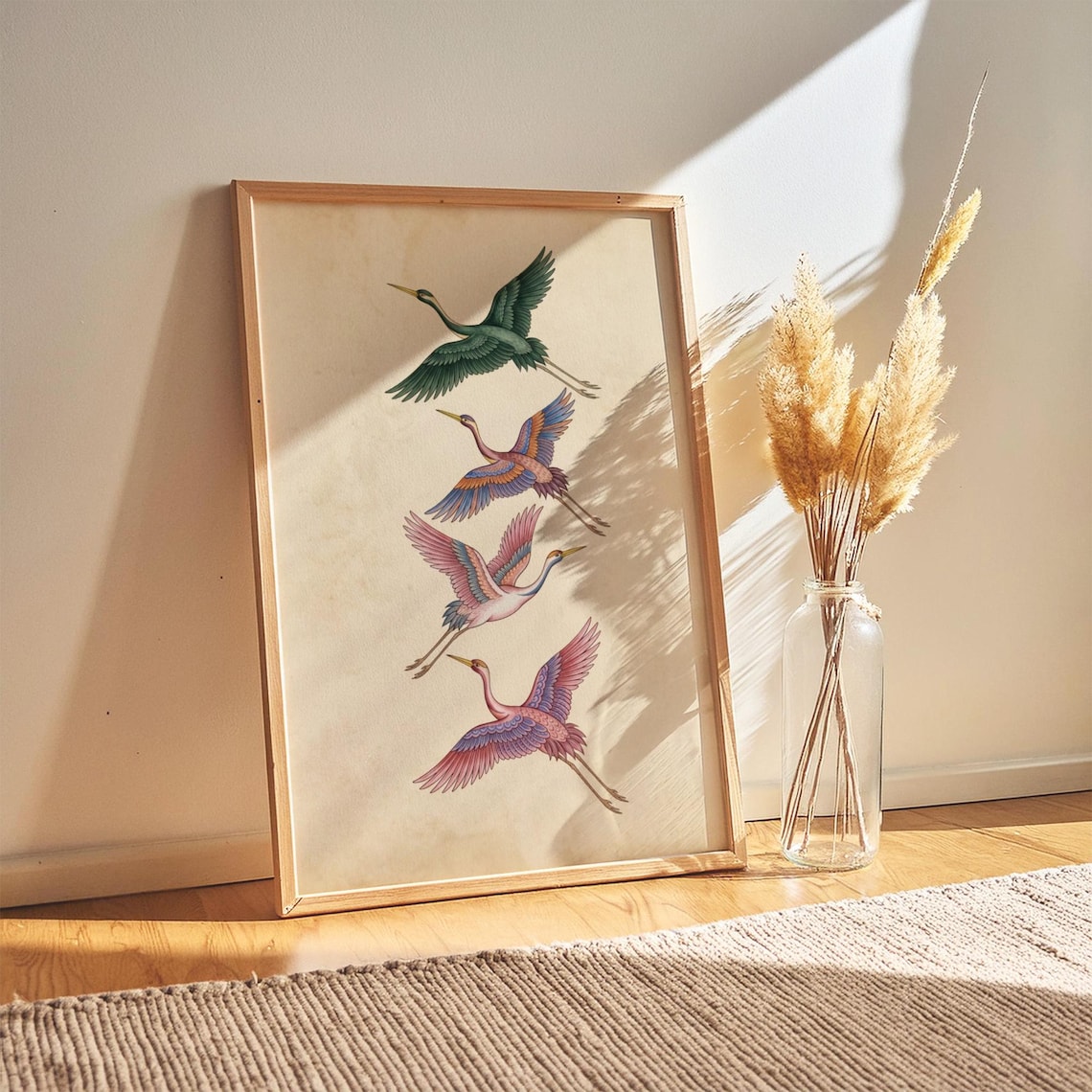 Colorful Heron Print Mid Century Modern Folk Art Wall Decor Digital Download