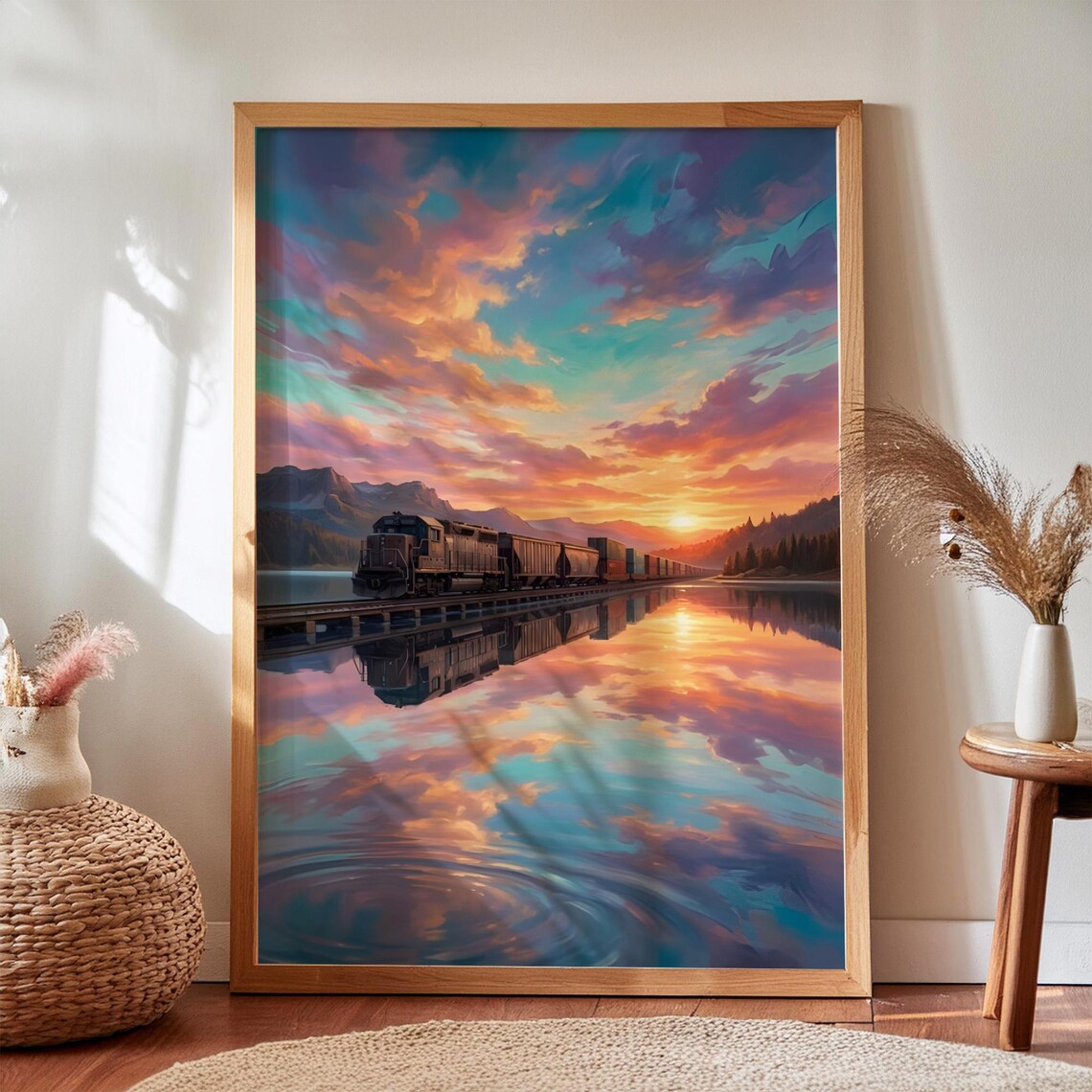 Sunset Train Over Still Water Poster Lake Reflection Oil Painting Style Art