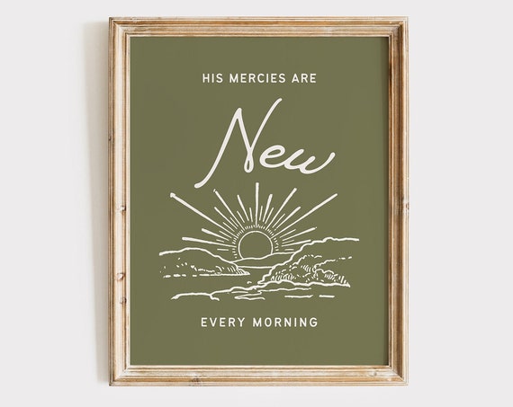 His Mercies Are New Every Morning Minimalist Christian Wall Art Vintage Blue Trendy Bible Verse Wall Art Baptism Gift