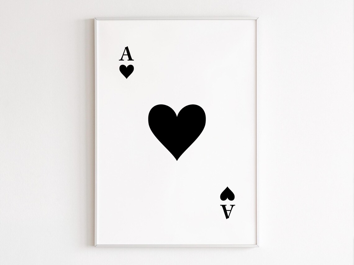 Playing Card Print Wall Art Heart Black And White Minimalist Vintage