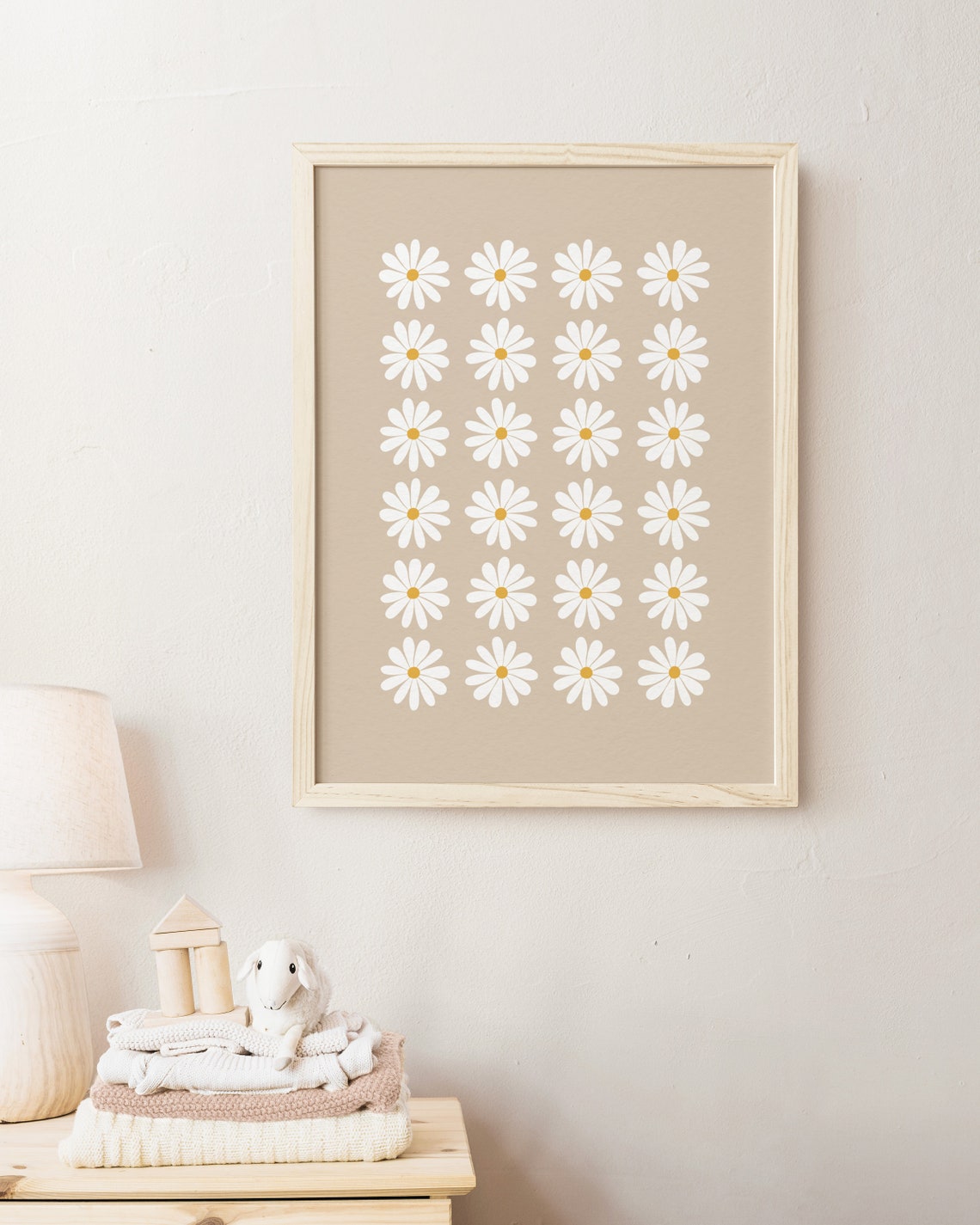 White Daisy Flower Grid Beige Background Nursery Boho Decor Poster - Image 4
