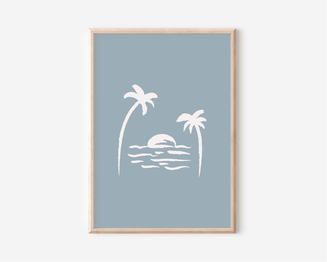 Dusty Blue Palm Tree Sunset Poster Beachy Boys Nursery Coastal Art - Image 3