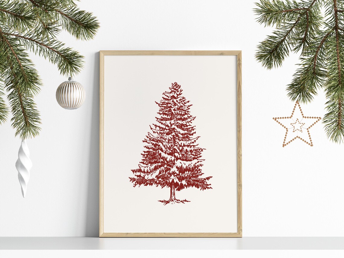 Red Christmas Tree Line Drawing Cream Minimal Holiday Decor Poster