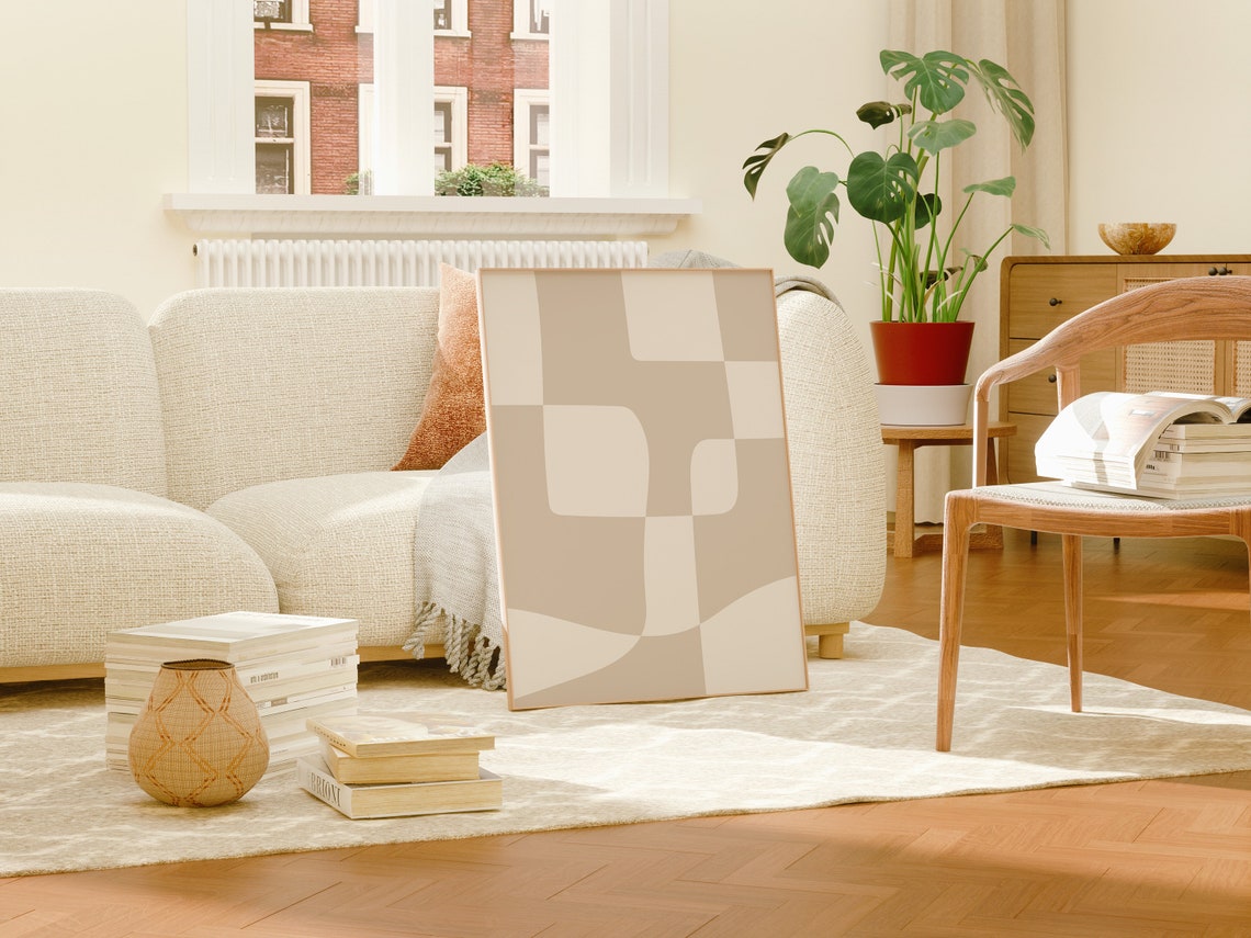 Beige Neutral Abstract Geometric Wavy Checker Modern Decor Poster - Image 4