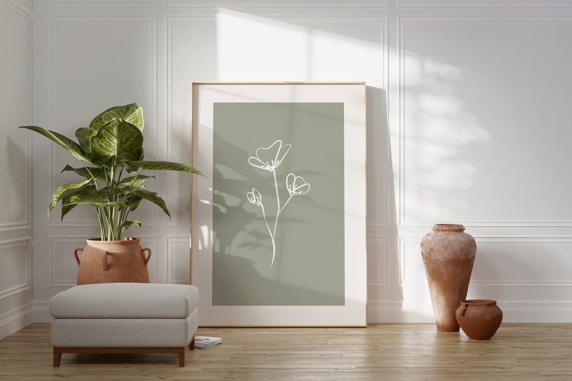 Sage Green White Flower Line Art Print For Minimalist Bedrooms