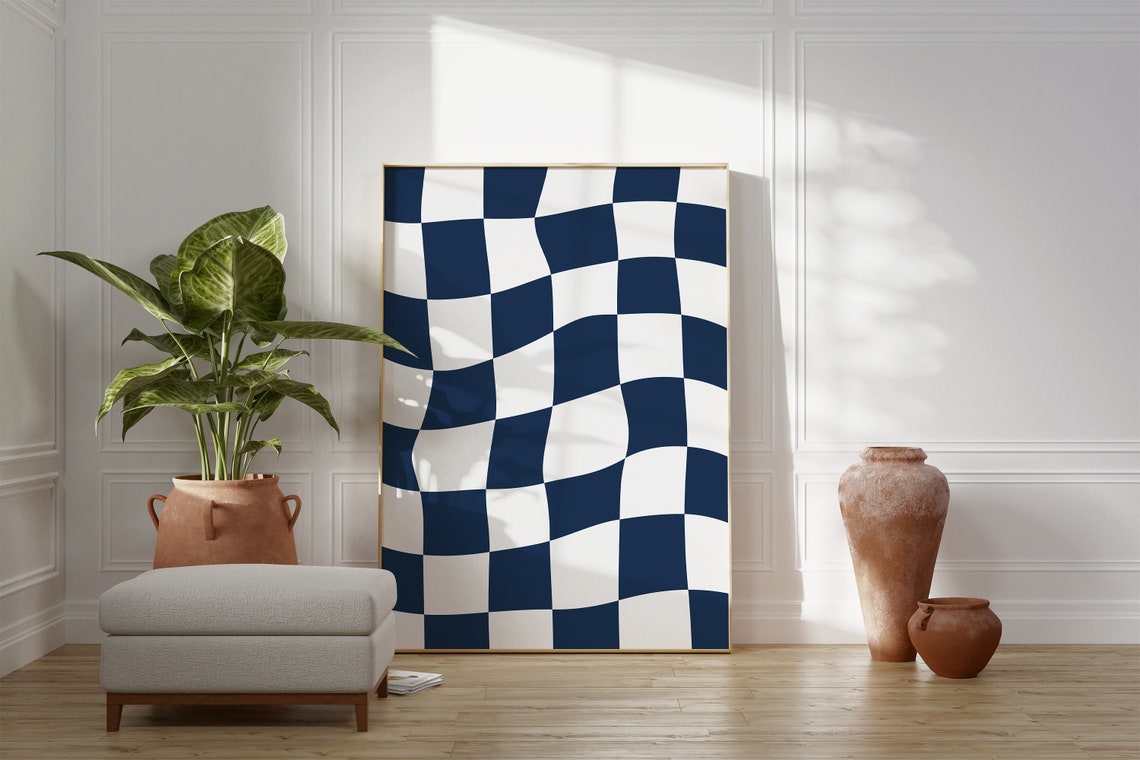 Navy Blue Wavy Checkerboard Trendy Retro Checker Pattern Poster - Image 6