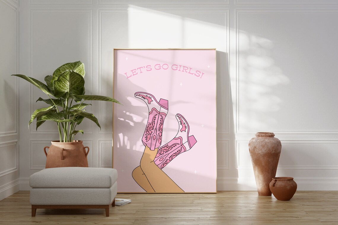 Lets Go Girls Pink Cowboy Boots Trendy Western Girls Night Poster