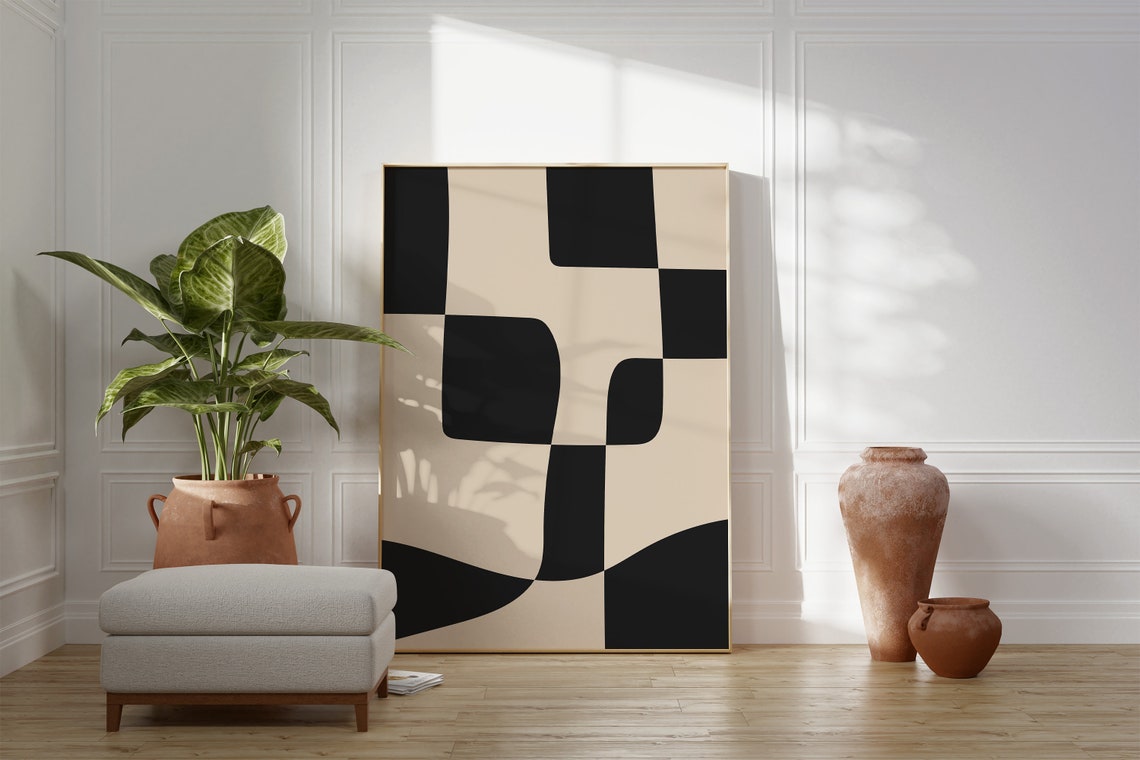 Black And Cream Abstract Wavy Checker Modern Minimalist Poster