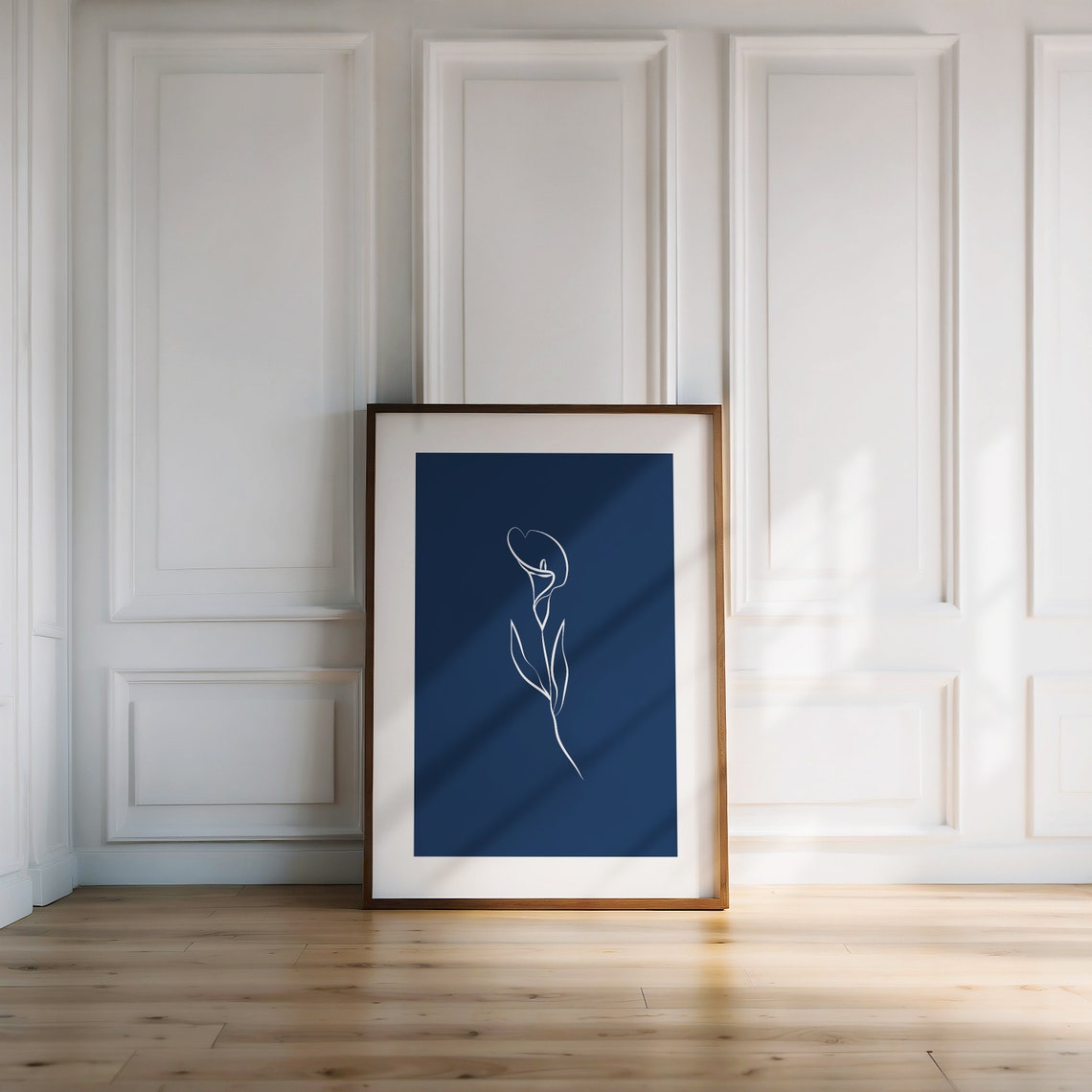 Navy Blue Botanical Line Art Poster White Flower Blossom Drawing - Image 3