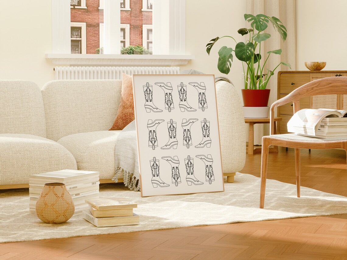 Cowboy Boots Line Art Grid Western Fashion Trendy Dorm Room Poster - Image 2