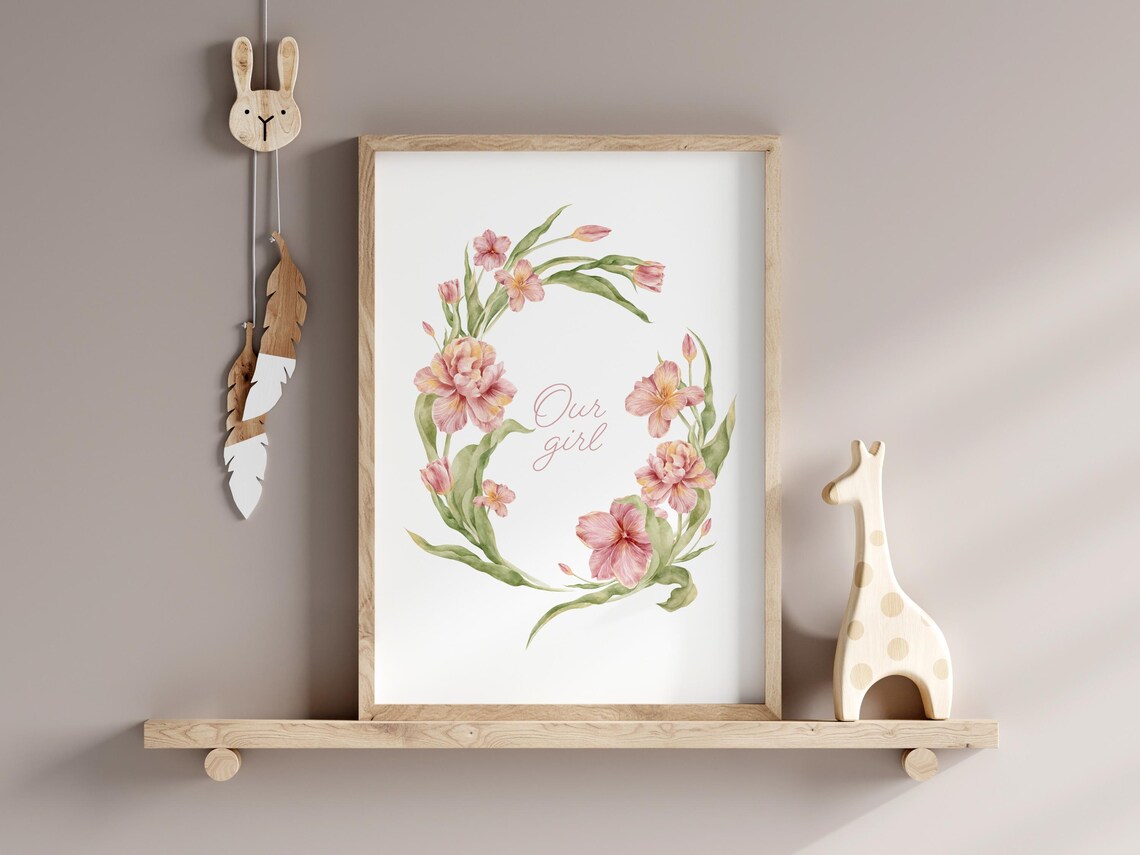 Our Girl Floral Wreath Watercolor Poster Pink Girls Nursery Art Design - Image 2