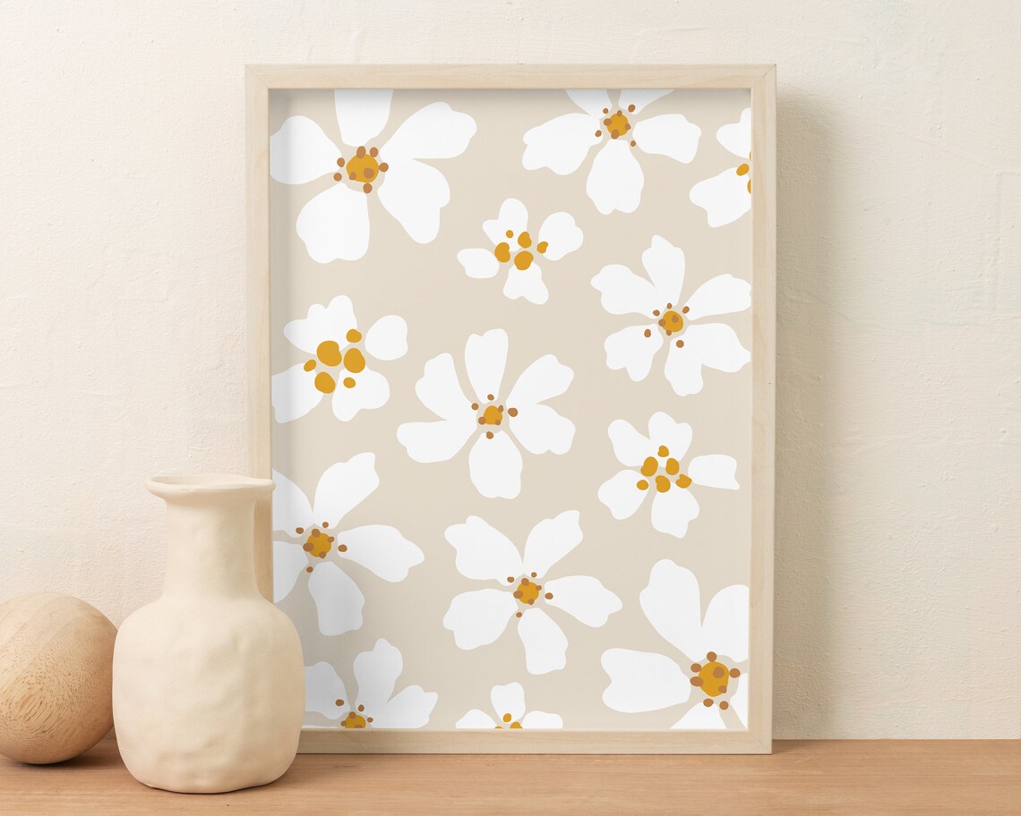 Neutral Flower Print, Beige Boho Floral Art Print