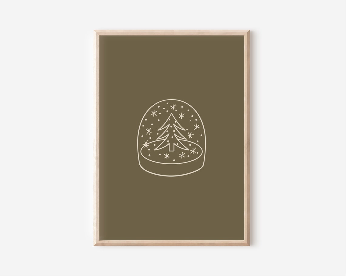 Christmas Snow Globe Line Art Poster Olive Green Holiday Tree Design - Image 2