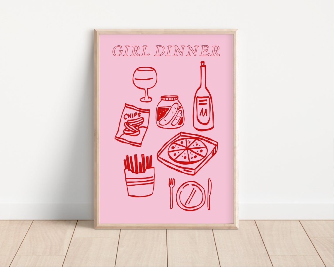 Pink Girl Dinner Snacks Retro Line Art Trendy Kitchen Print Fun