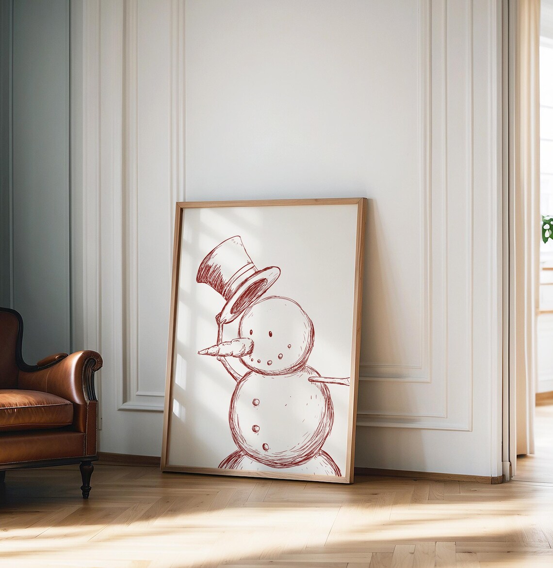 Red Ink Snowman Top Hat Sketch Vintage Christmas Holiday Art Print - Image 2