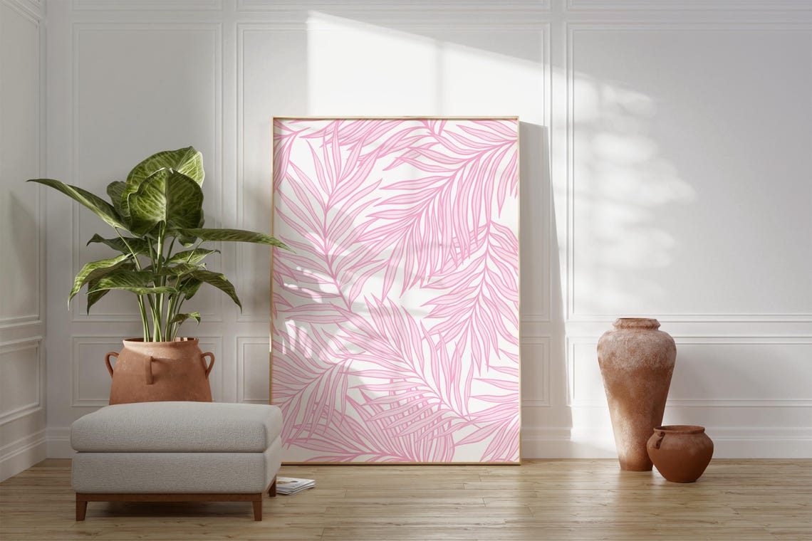Pink Palm Leaves Tropical Line Pattern on White Background Poster