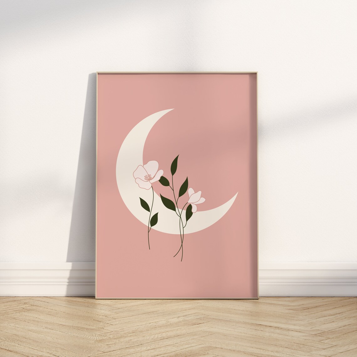 Moon and Flowers Pink Celestial Art Print - Image 3