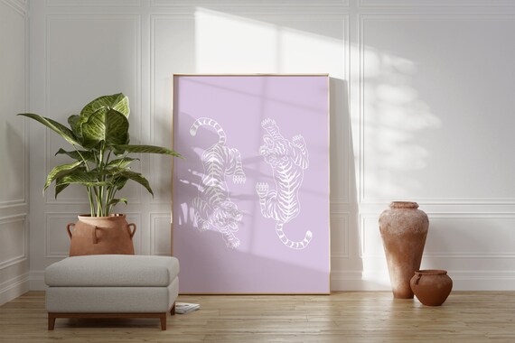 Lilac Twin Tigers Japanese Style Minimal Line Art Dorm Poster