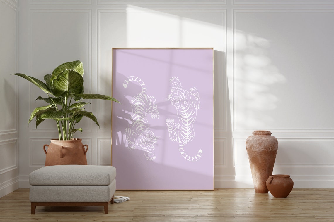 Lilac Twin Tigers Japanese Style Minimal Line Art Dorm Poster