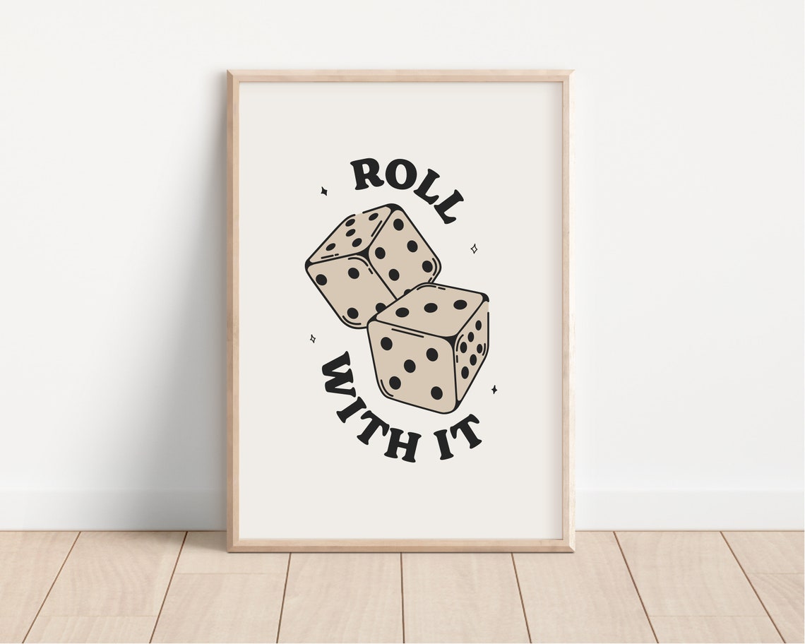 Roll With It Retro Dice Graphic Black Cream Game Night Poster