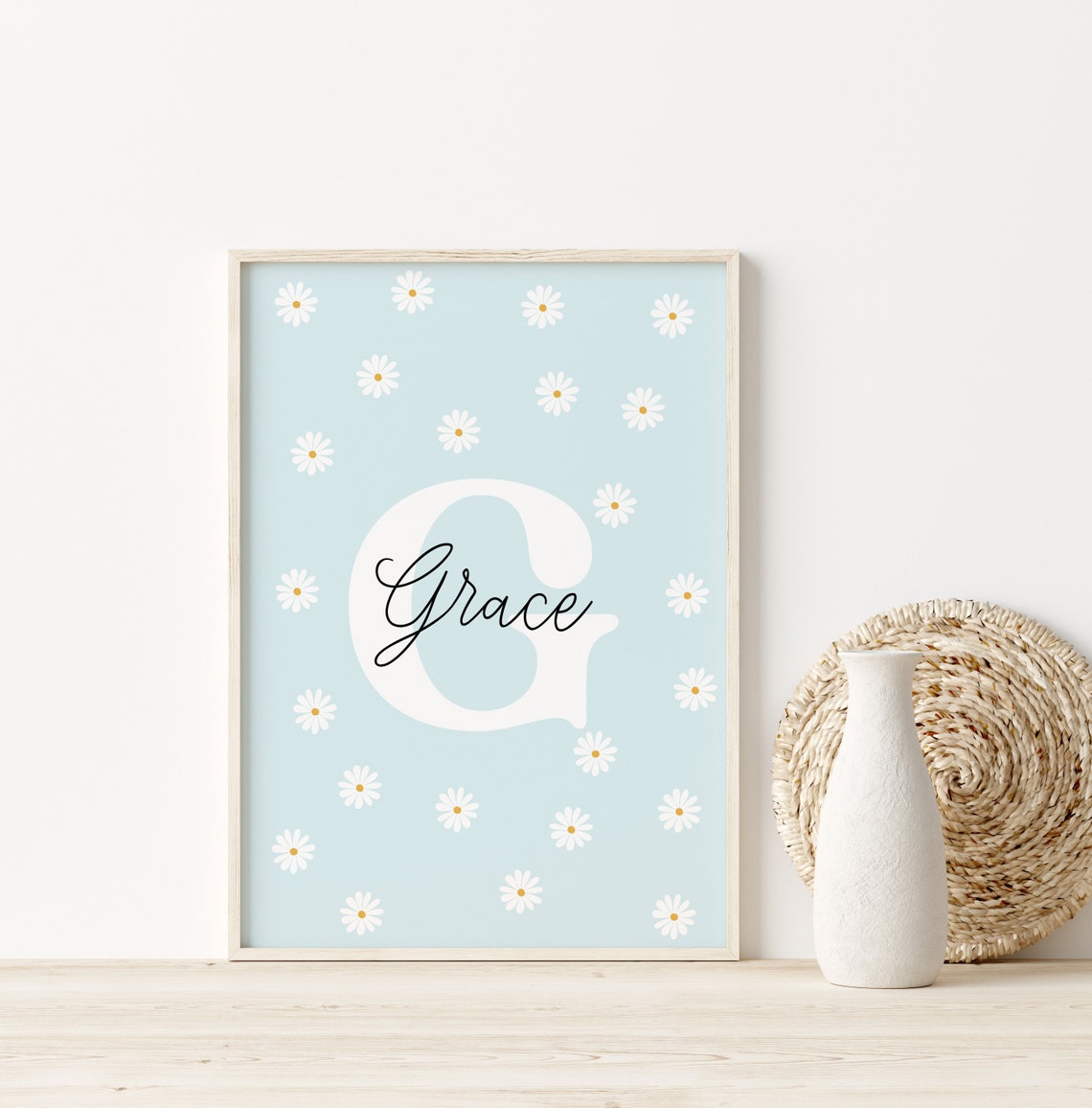 Personalized Name Daisy Blue Floral Nursery Custom Initial Art Poster - Image 2