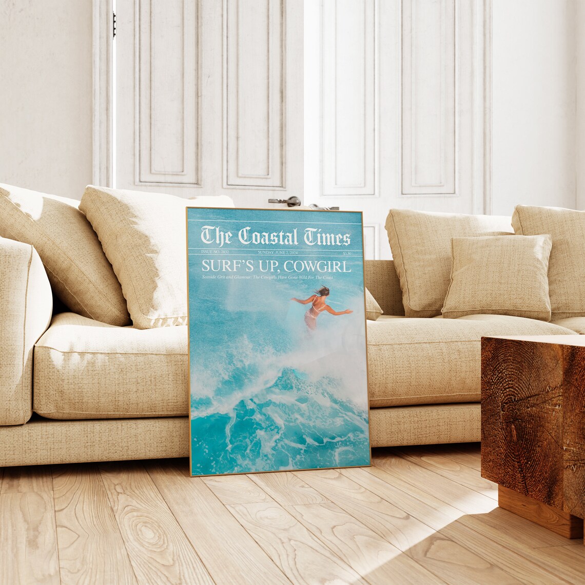 The Coastal Times Surfs Up Cowgirl Newspaper Beach House Wall Poster - Image 3