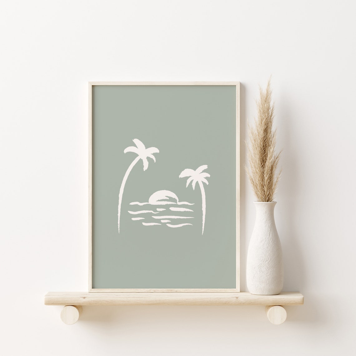 Palm Trees Sunset Ocean White Line Art Sage Green Beach Poster - Image 3