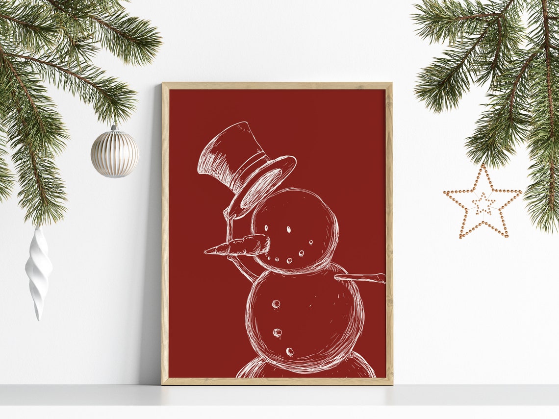 Snowman Line Drawing Red Christmas Holiday Winter Sketch Poster