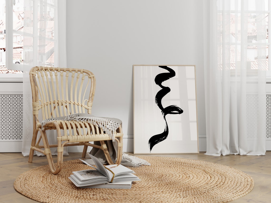Bold Black Brushstroke Wavy Line Cream Minimalist Modern Art Print - Image 2