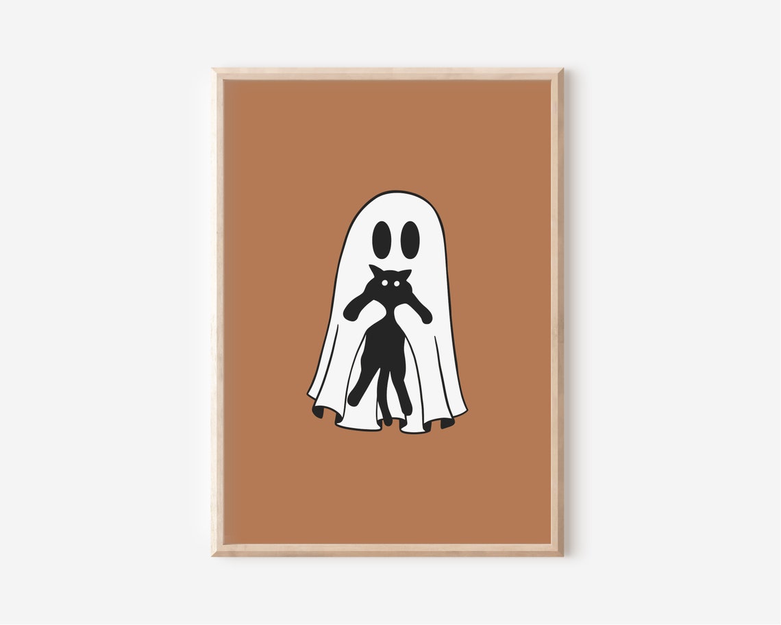 Halloween Ghost Holding Cat Caramel Brown Fall Background Poster - Image 6